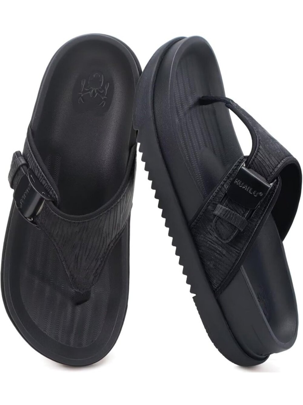 Women's Black Faux Leather Summer Flip Flops Beach Walking Cushion Sandals